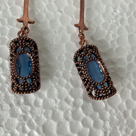 Copper Tone Drop Earrings Pierced with Blue Gemstone - Picture 3 of 6